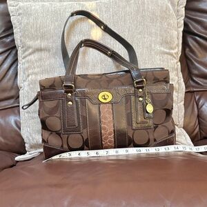 Coach Brown Signature Canvas Shoulder Satchel with Leather Trim Vintage Hampton